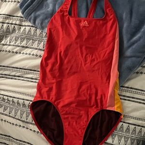 Adidas NEW Red One-Piece Swimsuit with Pink and Yellow Side Panels